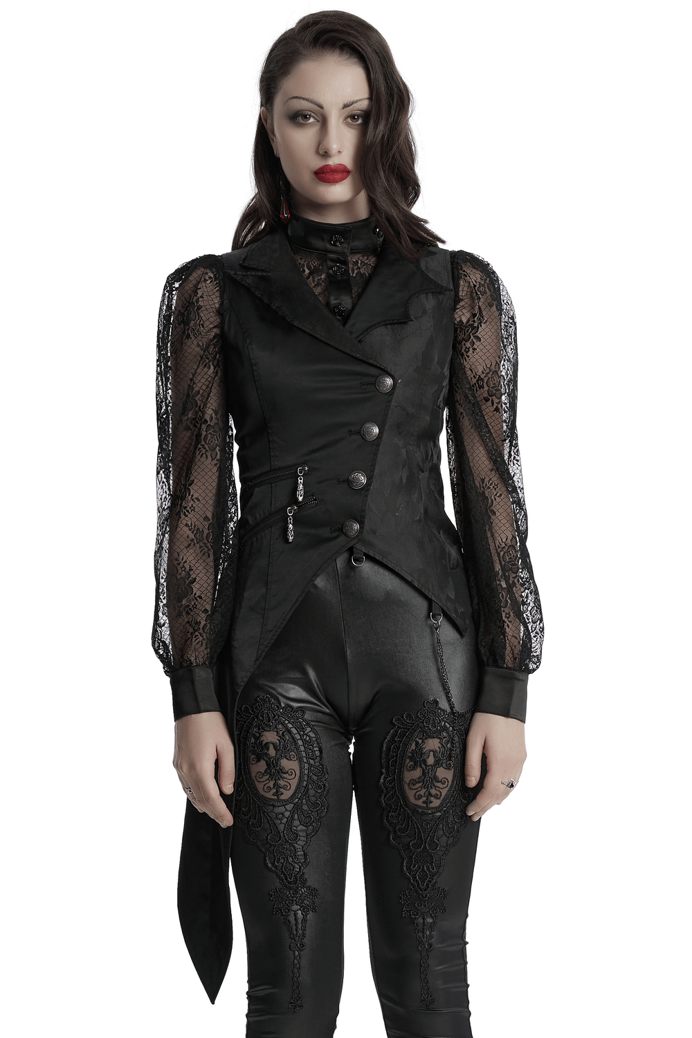 Women's Gothic Steampunk Asymmetric Waistcoat with Chain Detail and Lace Sleeves