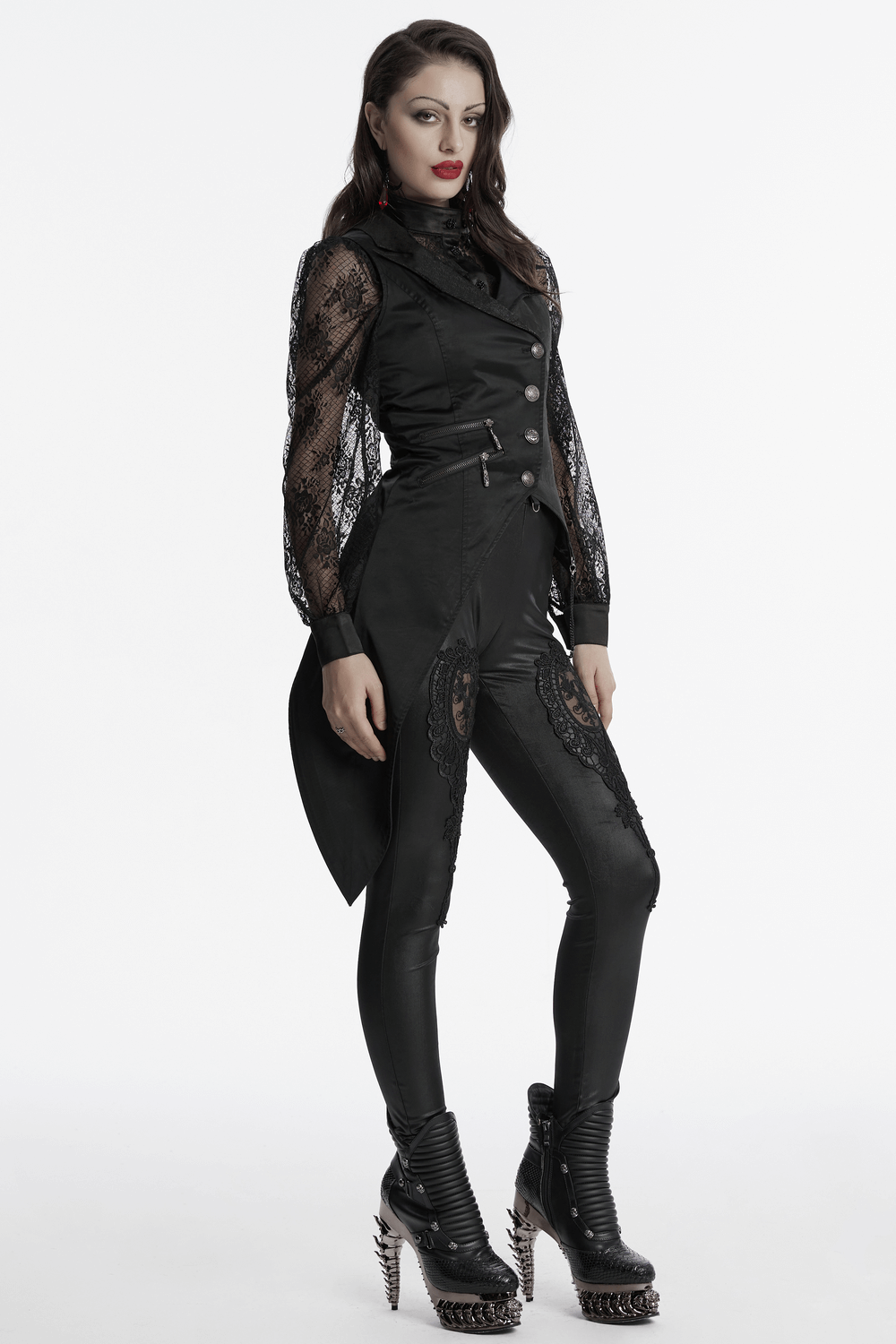 Gothic steampunk asymmetric waistcoat with chains, styled with lace shirt and edgy footwear.
