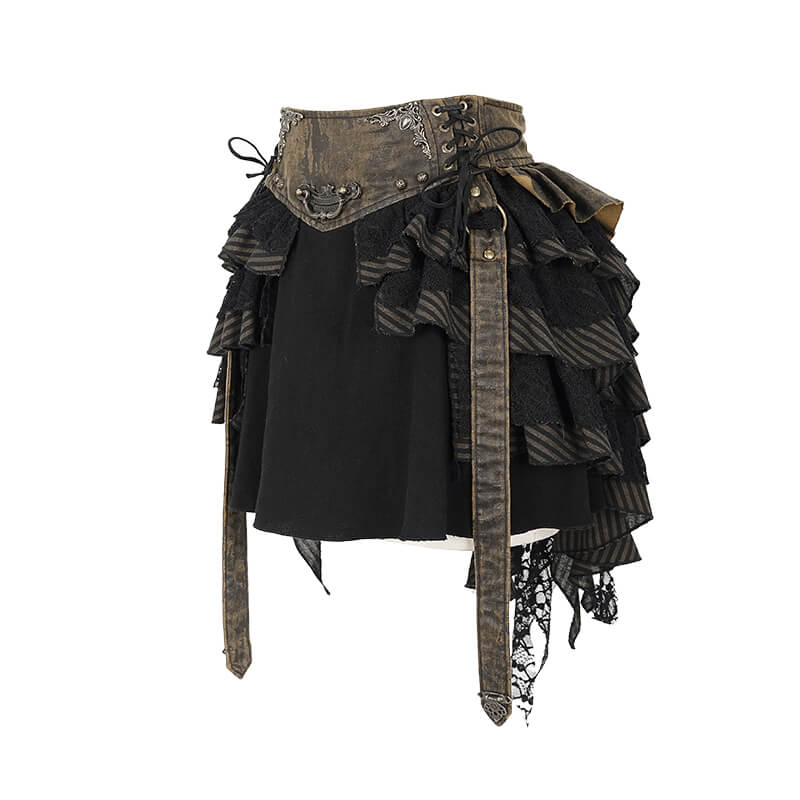 Women's steampunk brown mini skirt with ruffles and faux leather straps, perfect for vintage fashion enthusiasts.