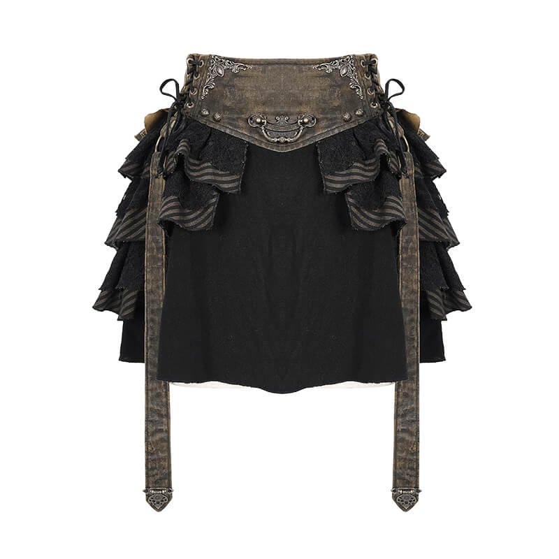 Women's steampunk brown mini skirt with ruffles and faux leather straps, perfect for a vintage-inspired look.