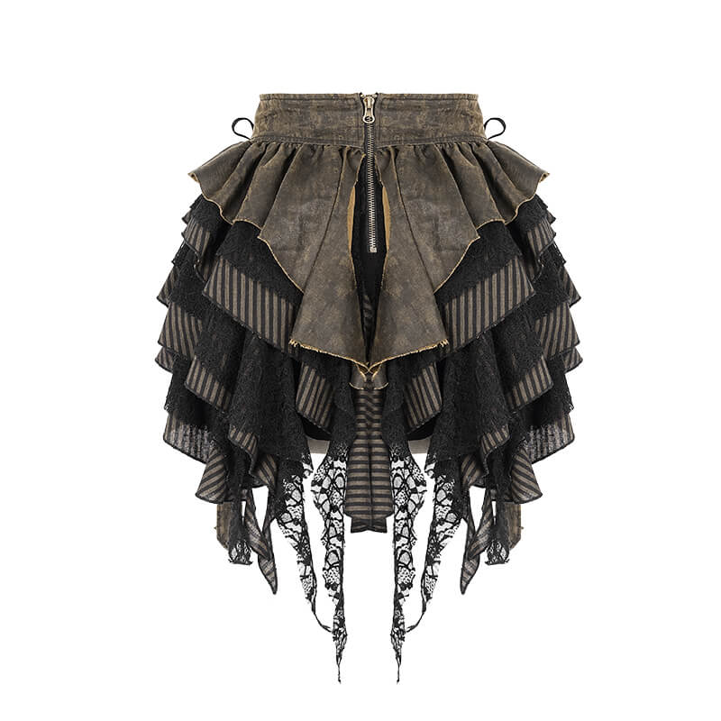 Women's brown steampunk mini skirt with ruffles and faux leather straps, perfect for a vintage-inspired look.