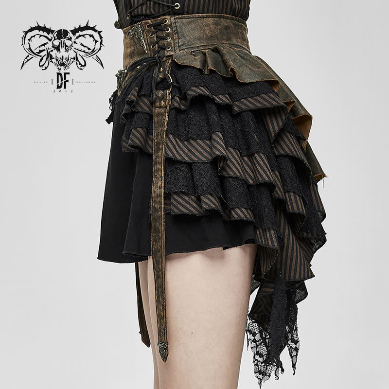 Women's steampunk brown mini skirt with ruffles and faux leather straps, showcasing a multi-layered design.