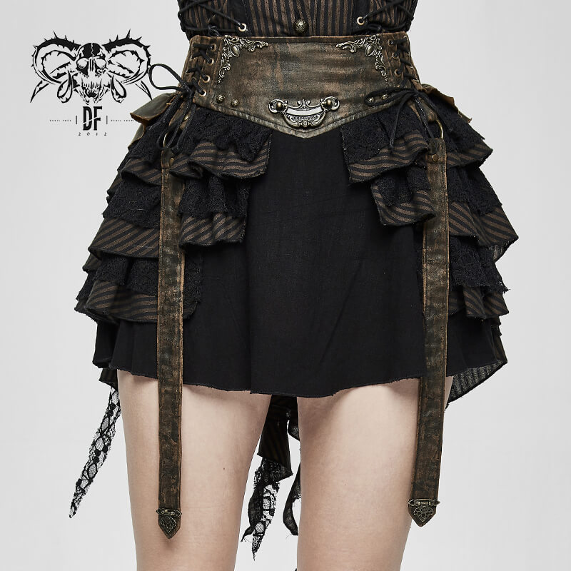 Women's steampunk brown mini skirt with ruffle and faux leather straps, perfect for vintage fashion lovers.