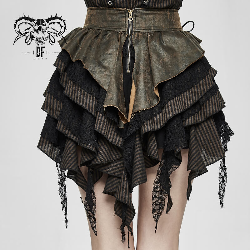 Women's steampunk brown mini skirt with ruffles and faux leather details, showcasing a vintage multi-layered design.
