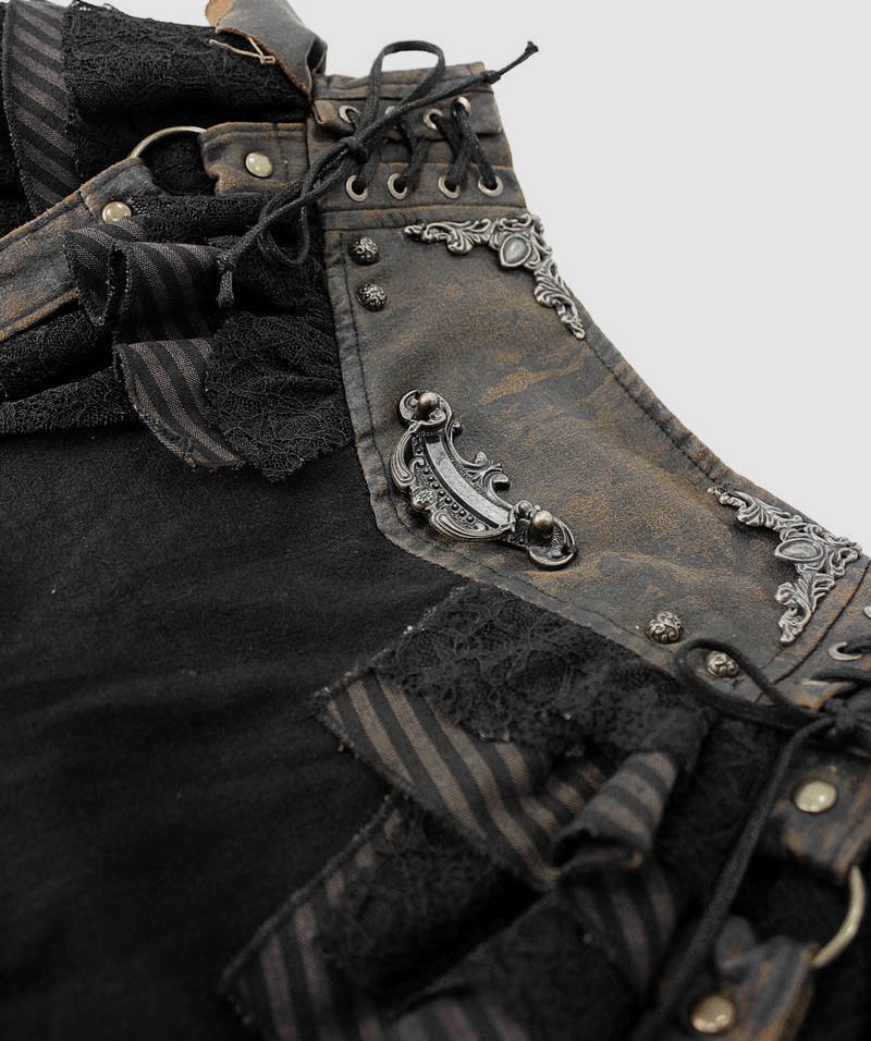 Close-up of women's steampunk mini skirt featuring ruffles and faux leather straps, embodying vintage style.