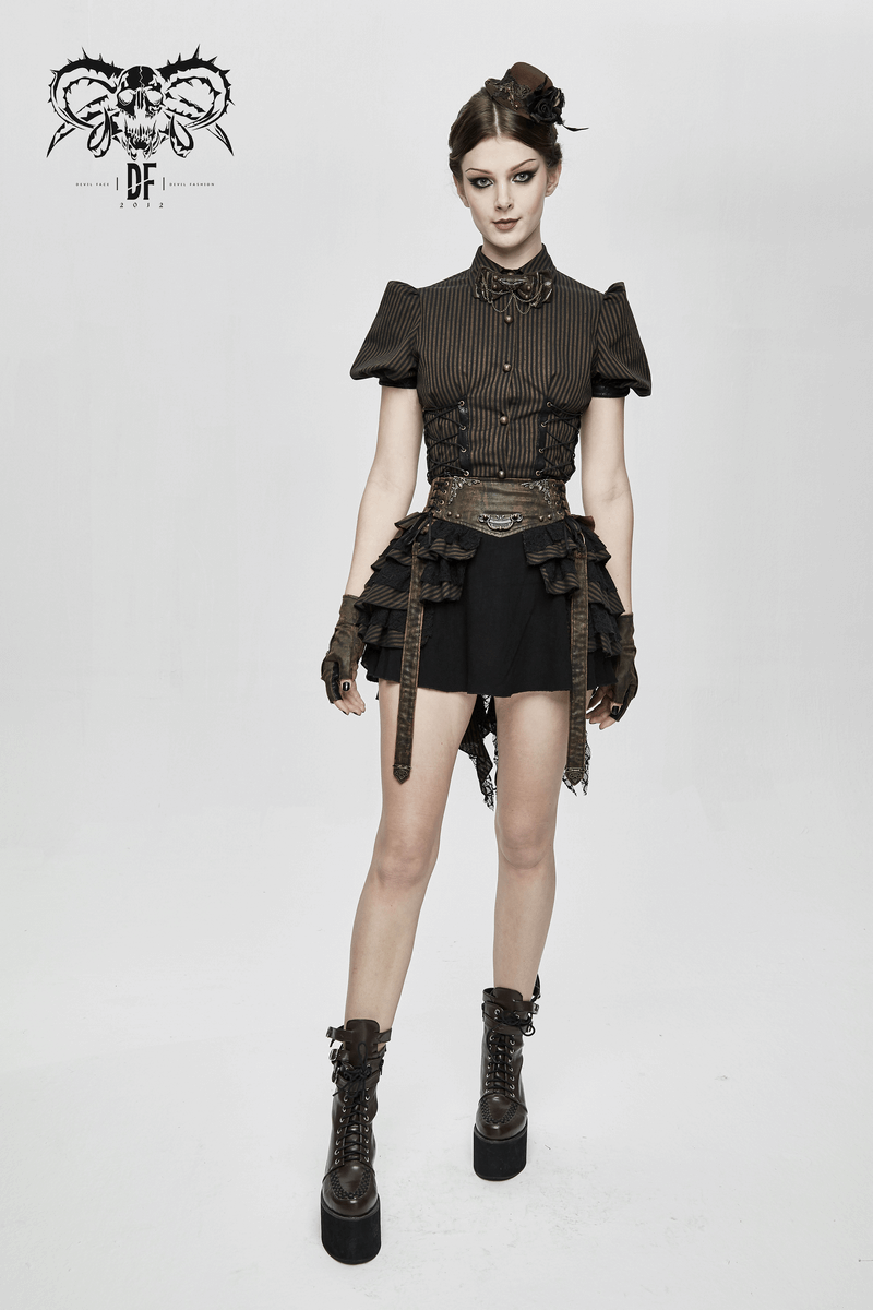 Model in a steampunk-inspired brown mini skirt with layered ruffles and faux leather details, showcasing vintage fashion.