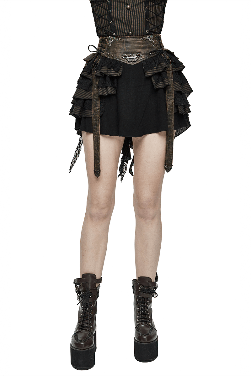 Women's Steampunk Brown Mini Skirt with Ruffle / Female Skirts with Faux Leather Straps - HARD'N'HEAVY