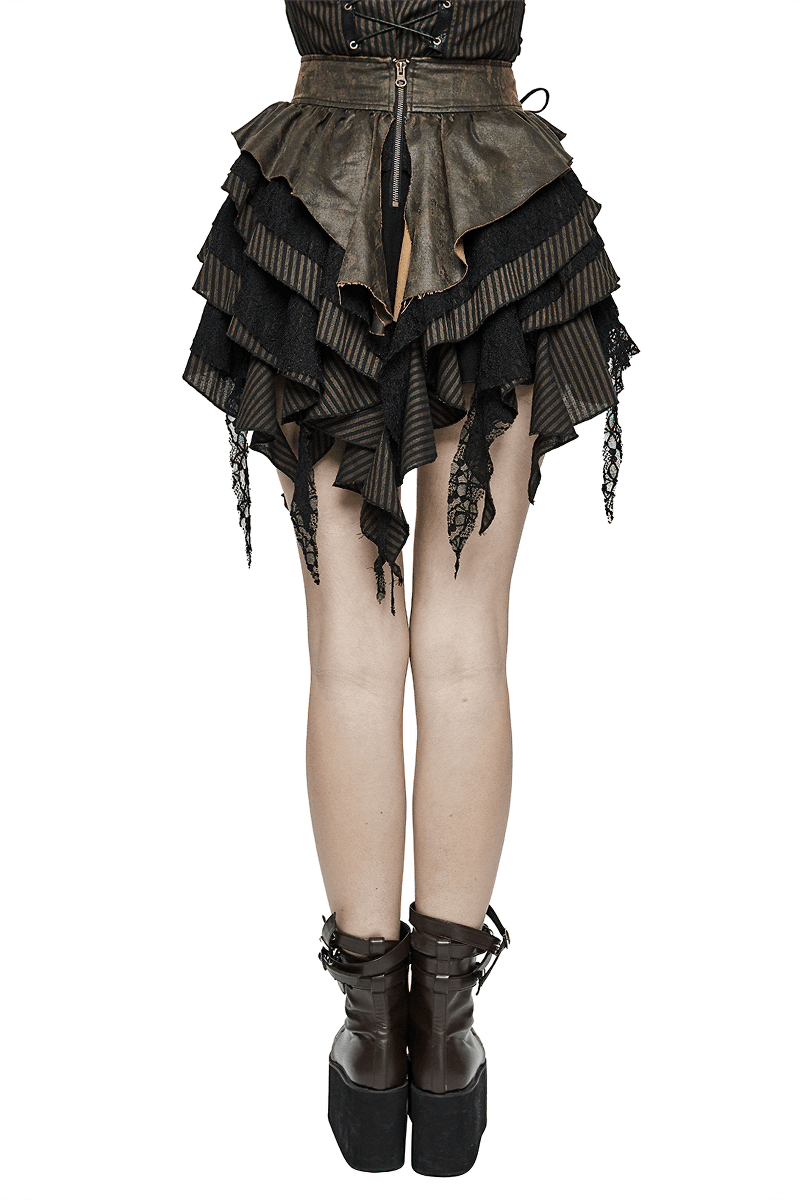 Women's Steampunk Brown Mini Skirt with Ruffle / Female Skirts with Faux Leather Straps - HARD'N'HEAVY