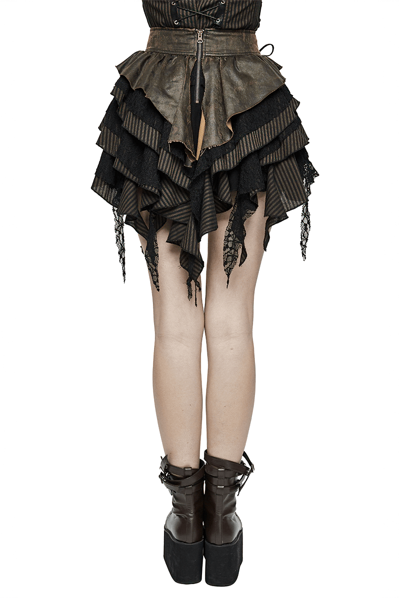 Back view of a women's steampunk brown mini skirt with ruffles, showcasing faux leather straps and layered design.