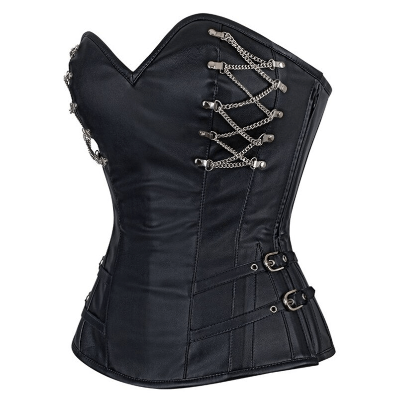 Women's steampunk lace-up corset with chain details and front zipper, perfect for gothic fashion and cosplay.