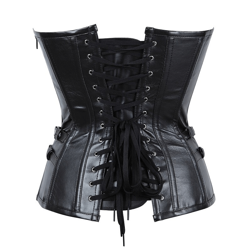 Black lace-up back steampunk corset with chains, perfect for gothic and alternative fashion statements.