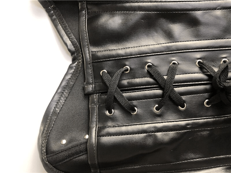 Close-up of a women's steampunk lace-up corset showcasing intricate lacing and sleek black material.