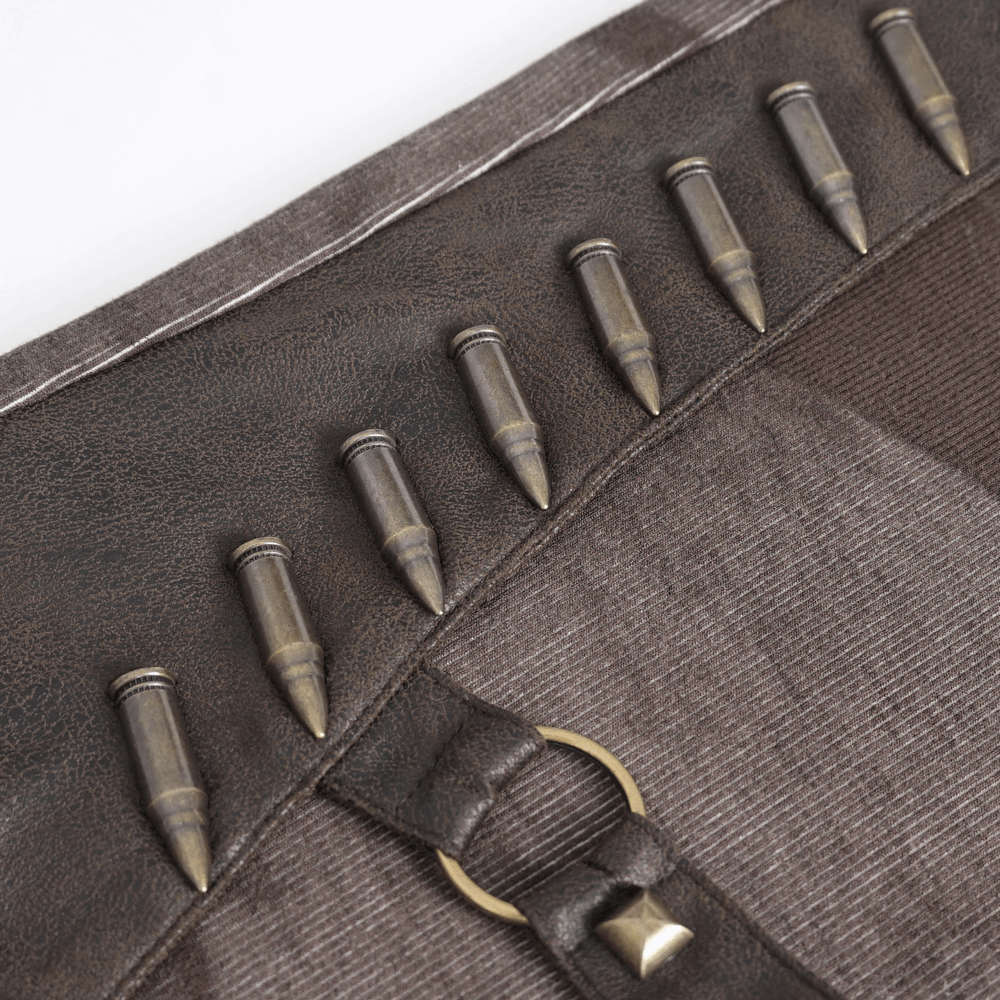 Close-up of steampunk-style leggings with bullet details for a unique vintage look.