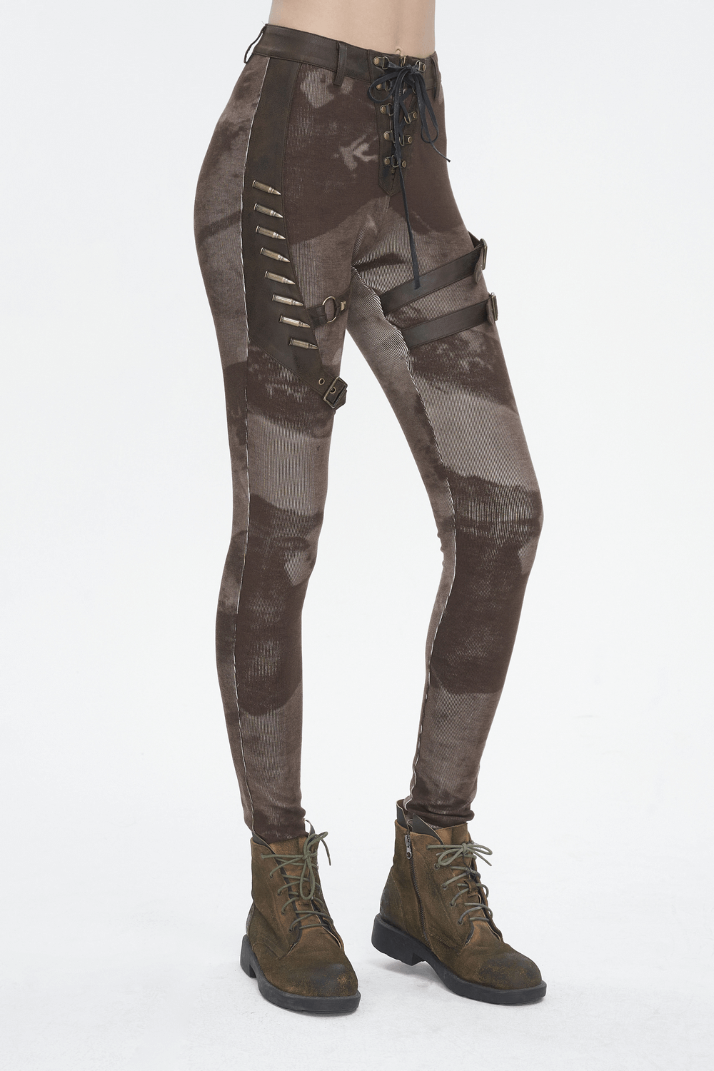 Women's steampunk lace-up leggings in brown with pockets and corset details, perfect for themed events and casual wear.