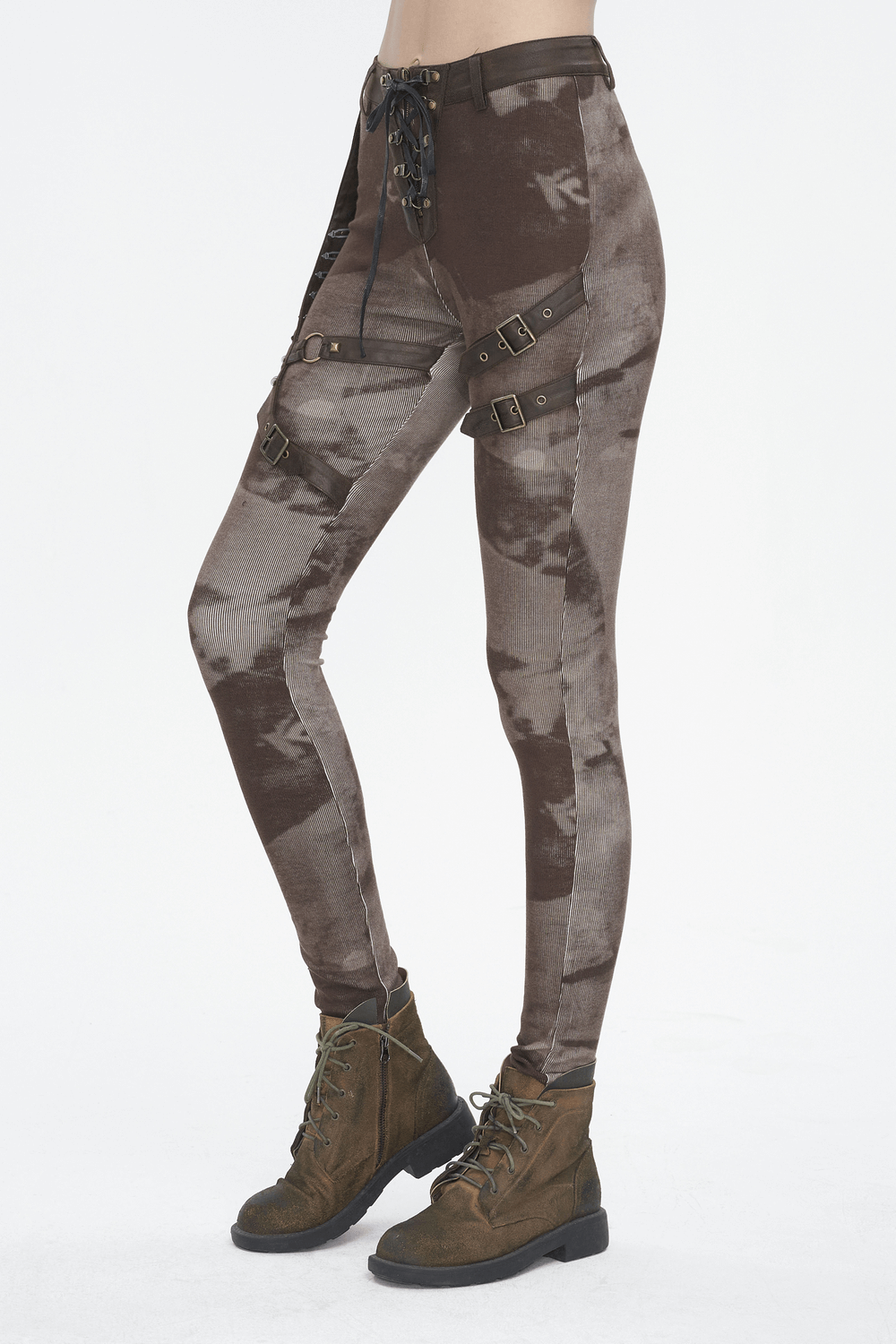 Women's steampunk style lace-up leggings with pockets, featuring a unique brown striped design, perfect for themed events.