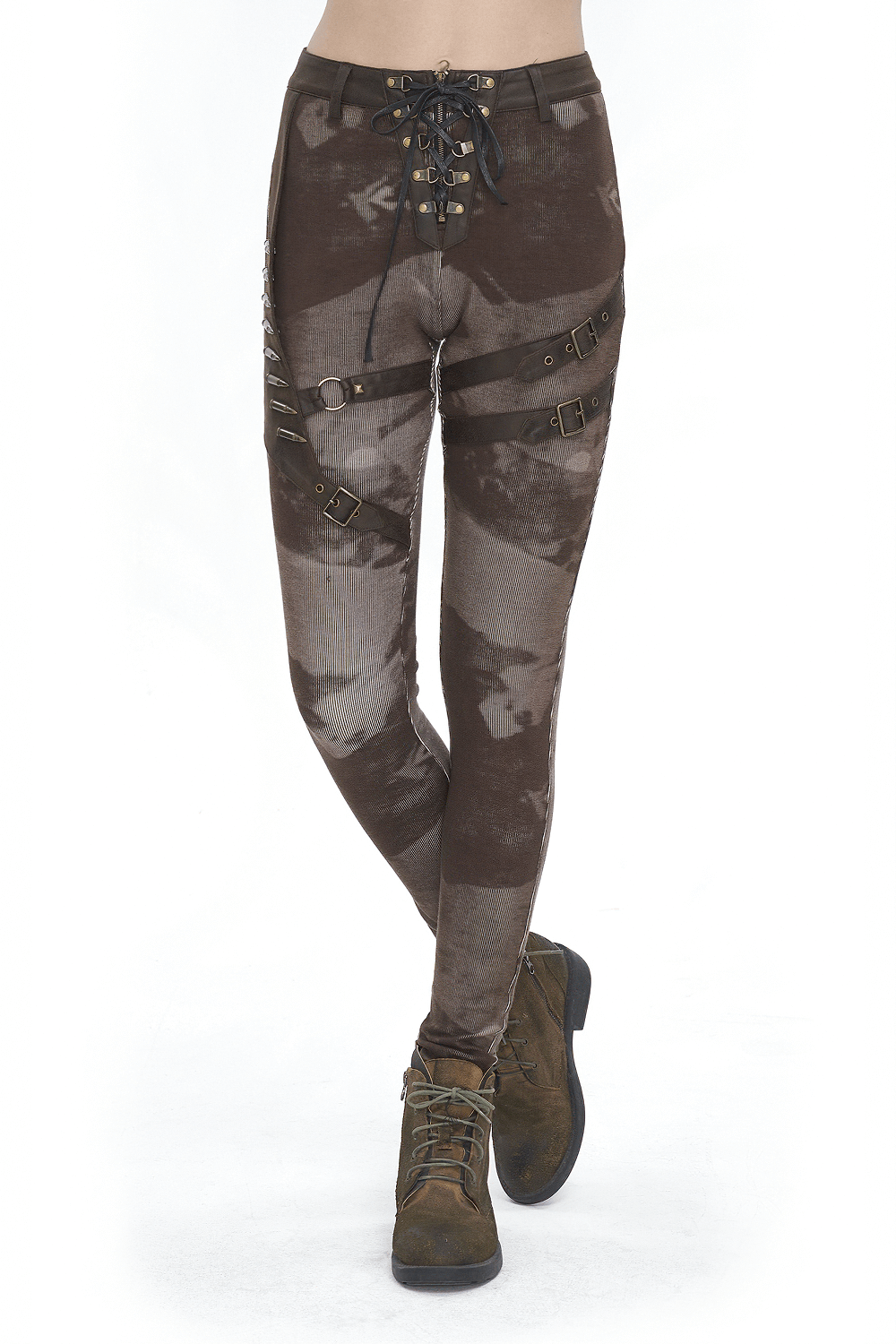 Women's steampunk style leggings with lace-up details and pockets, perfect for themed events or everyday wear.