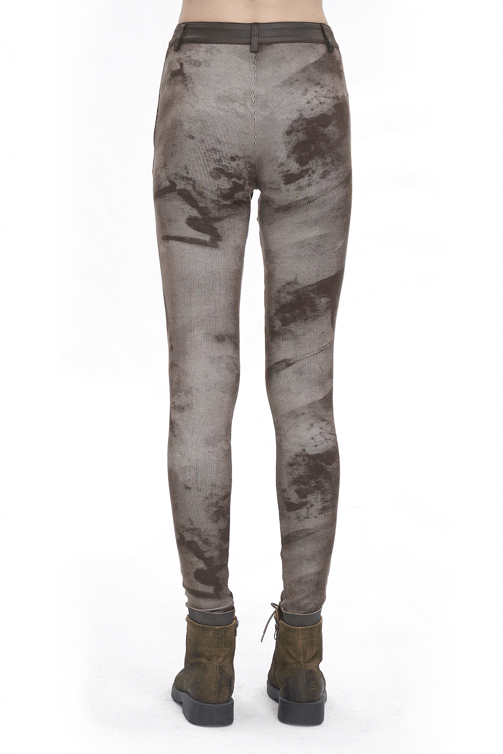 Back view of women's steampunk lace-up leggings with a unique striped design and functional pockets.