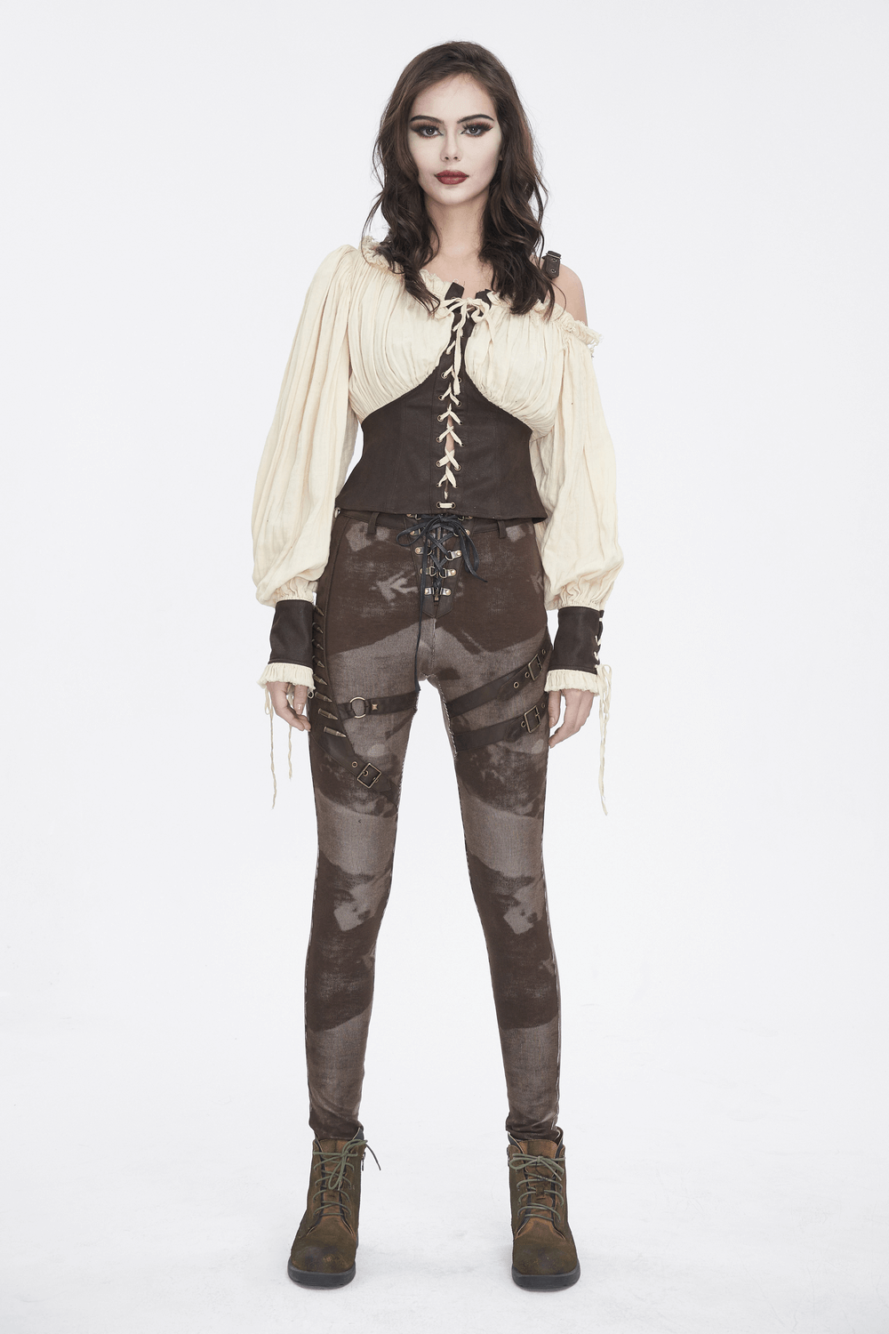 Women's steampunk lace-up leggings with pockets and Victorian-inspired striped design.