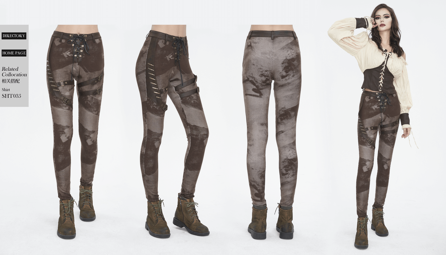Women's steampunk lace-up leggings with pockets, showcasing unique striped design and vintage-inspired charm.