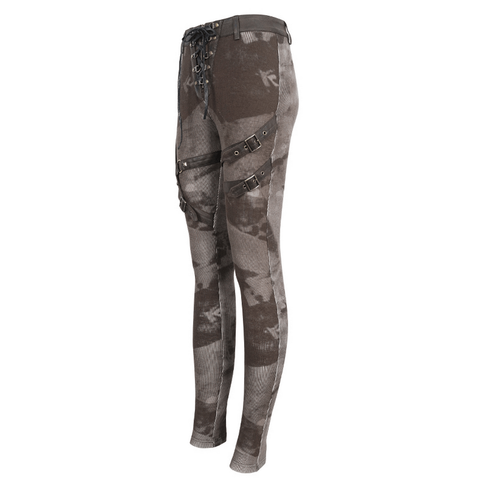 Victorian-inspired women's steampunk style lace-up leggings with pockets and unique striped design.