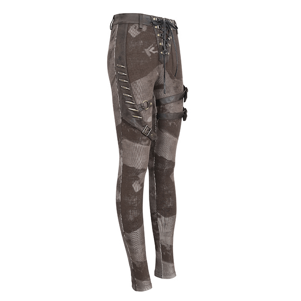 Women's steampunk lace-up leggings with pockets, featuring a unique striped design and corset details.