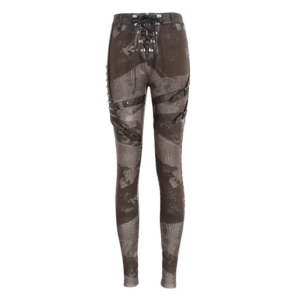 Women's steampunk lace-up leggings with pockets and unique striped design, perfect for themed events and everyday wear.