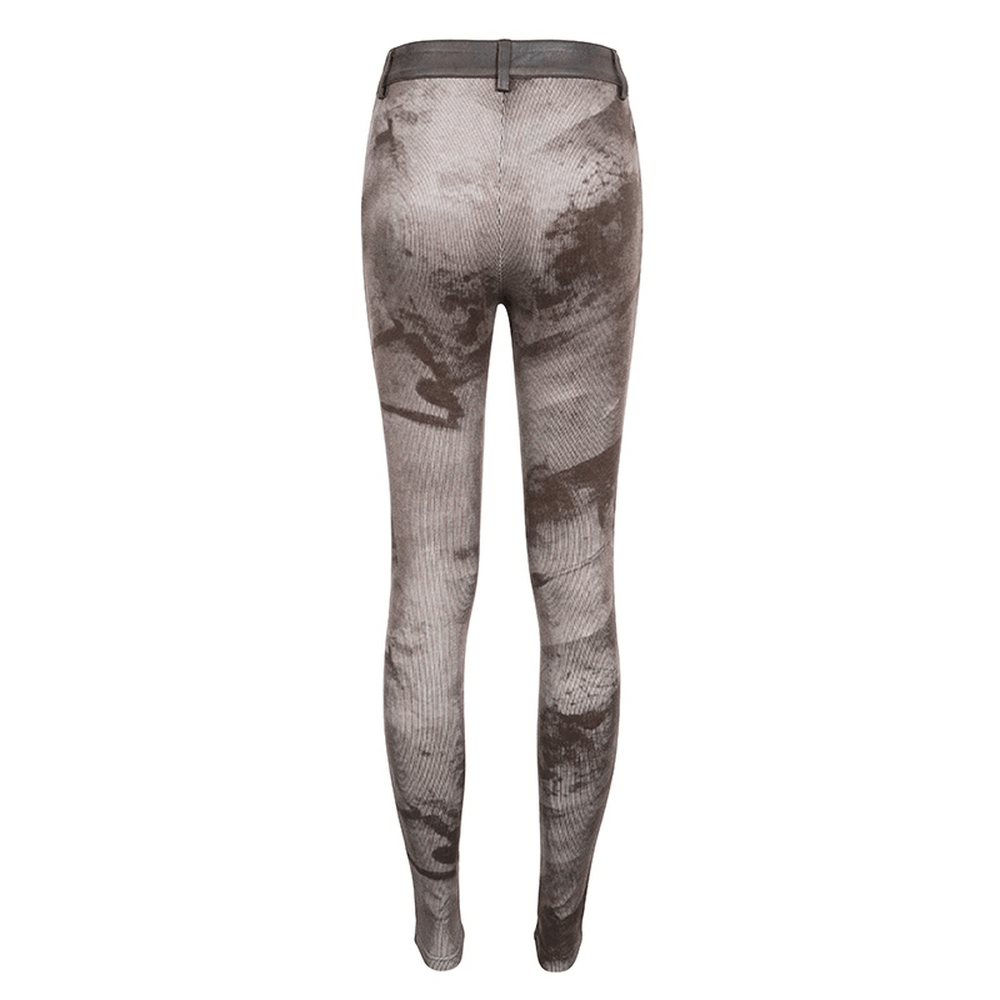 Back view of women's steampunk style lace-up leggings with unique striped design and functional pockets.
