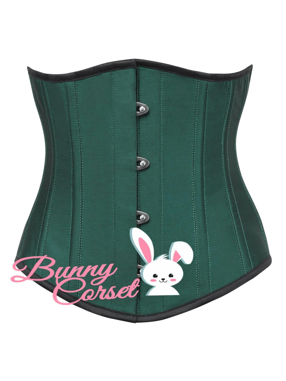 Green taffeta women's underbust corset featuring spiral and flat steel bones for a sculpted silhouette.