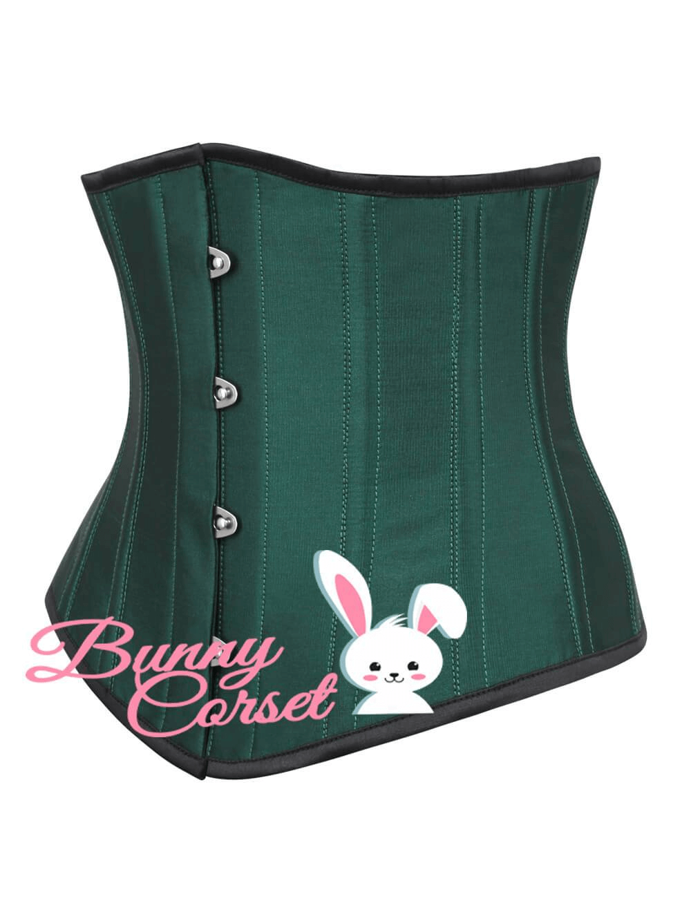 Elvia style women's green taffeta underbust corset featuring steel bones and bunny logo.