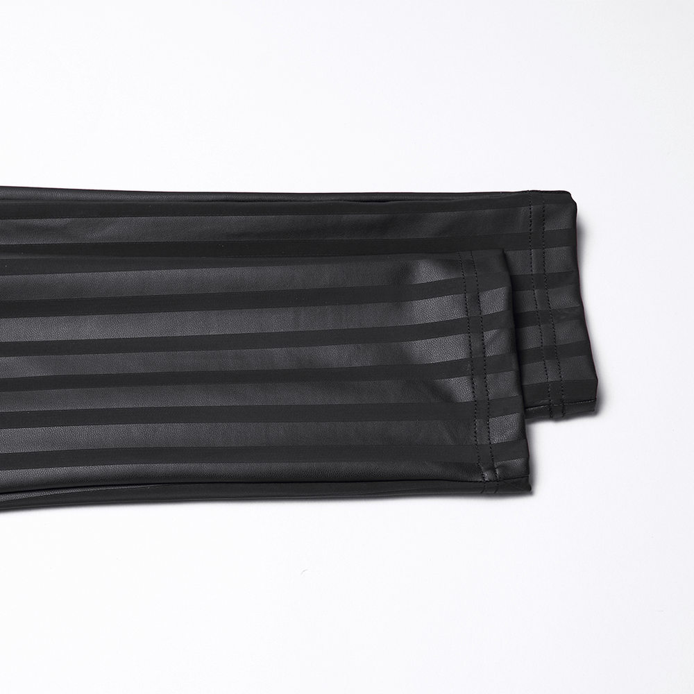 Women's Striped Leggings with Buckle Straps and Pockets shown in sleek black striped fabric.