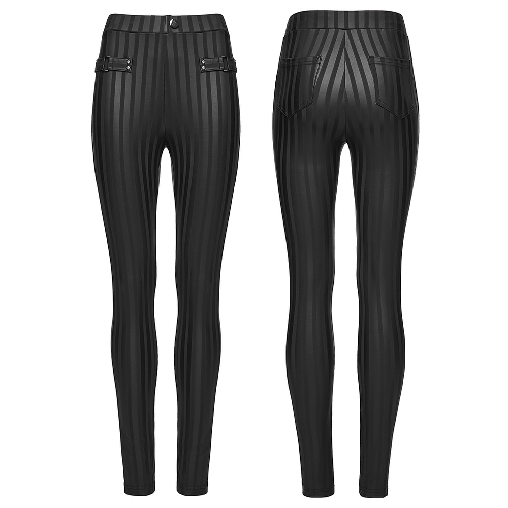 Women's Striped Leggings with Buckle Straps and Pockets featuring a sleek design and practical back pockets.