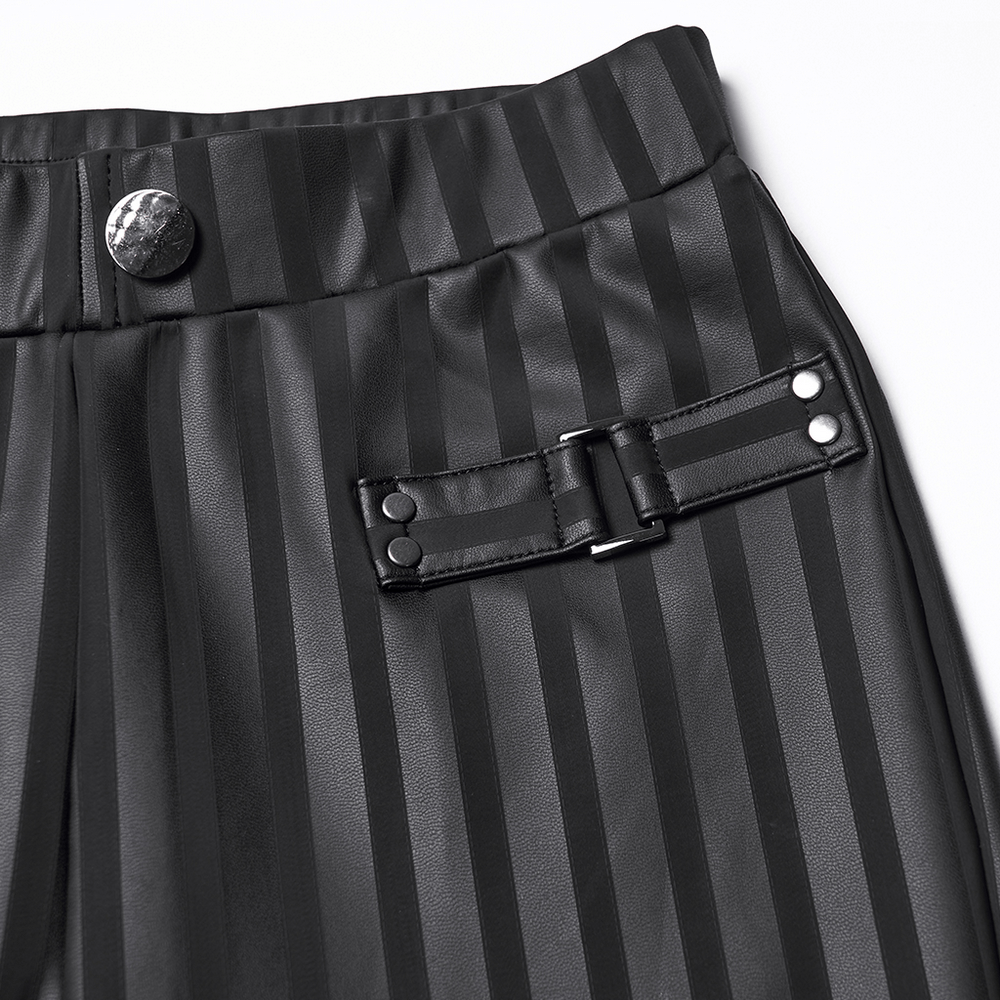 Women's Striped Leggings with Buckle Straps and Pockets showcasing buckle detail and sleek striped fabric.