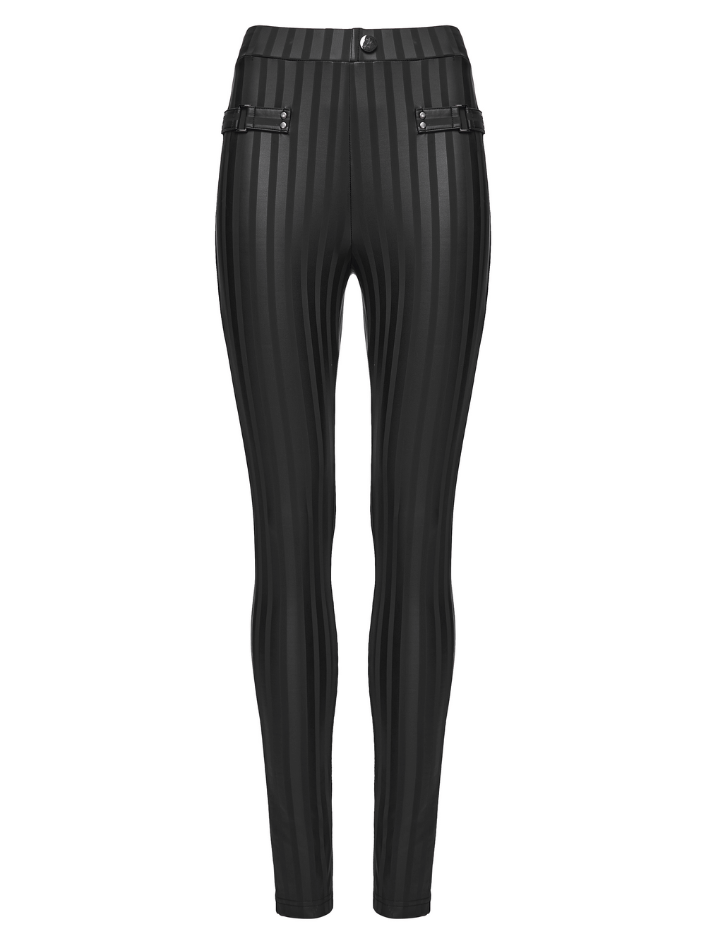 Women's Striped Leggings with Buckle Straps and Pockets featuring sleek black striped design and back pockets.