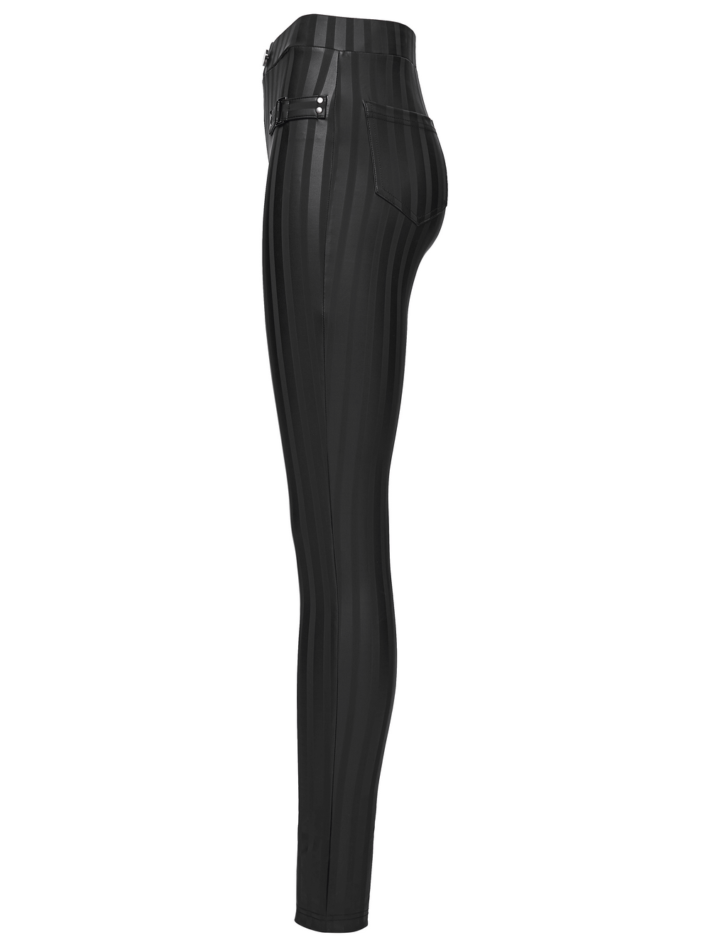 Women's Striped Leggings with Buckle Straps and Pockets side view showcasing sleek design and back pockets.