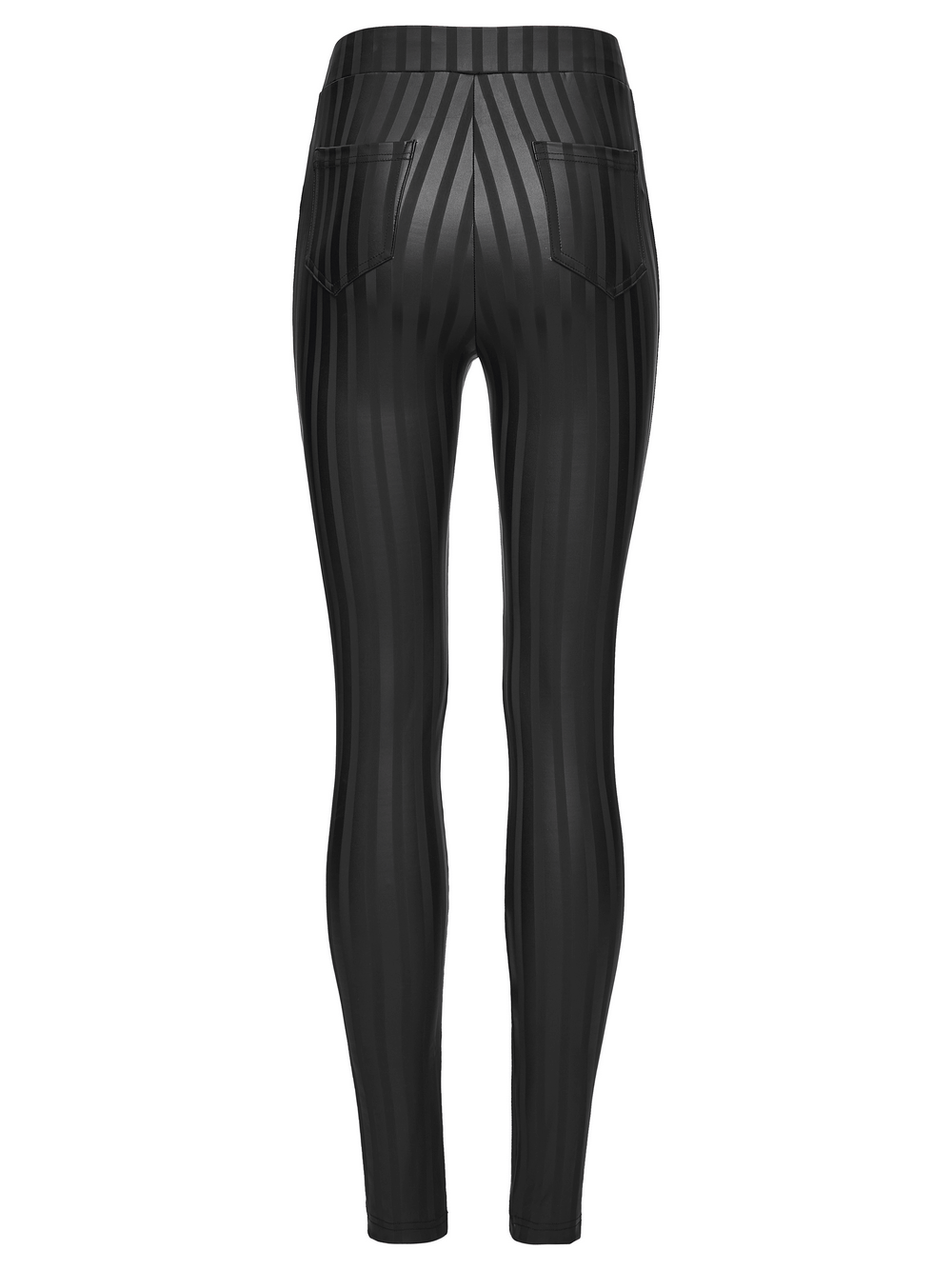 Women's Striped Leggings with Buckle Straps and Pockets - sleek back view with pockets and striped design.