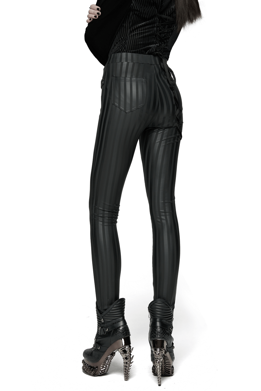 Women's Striped Leggings with Buckle Straps and Pockets showcased from the back with buckle details.