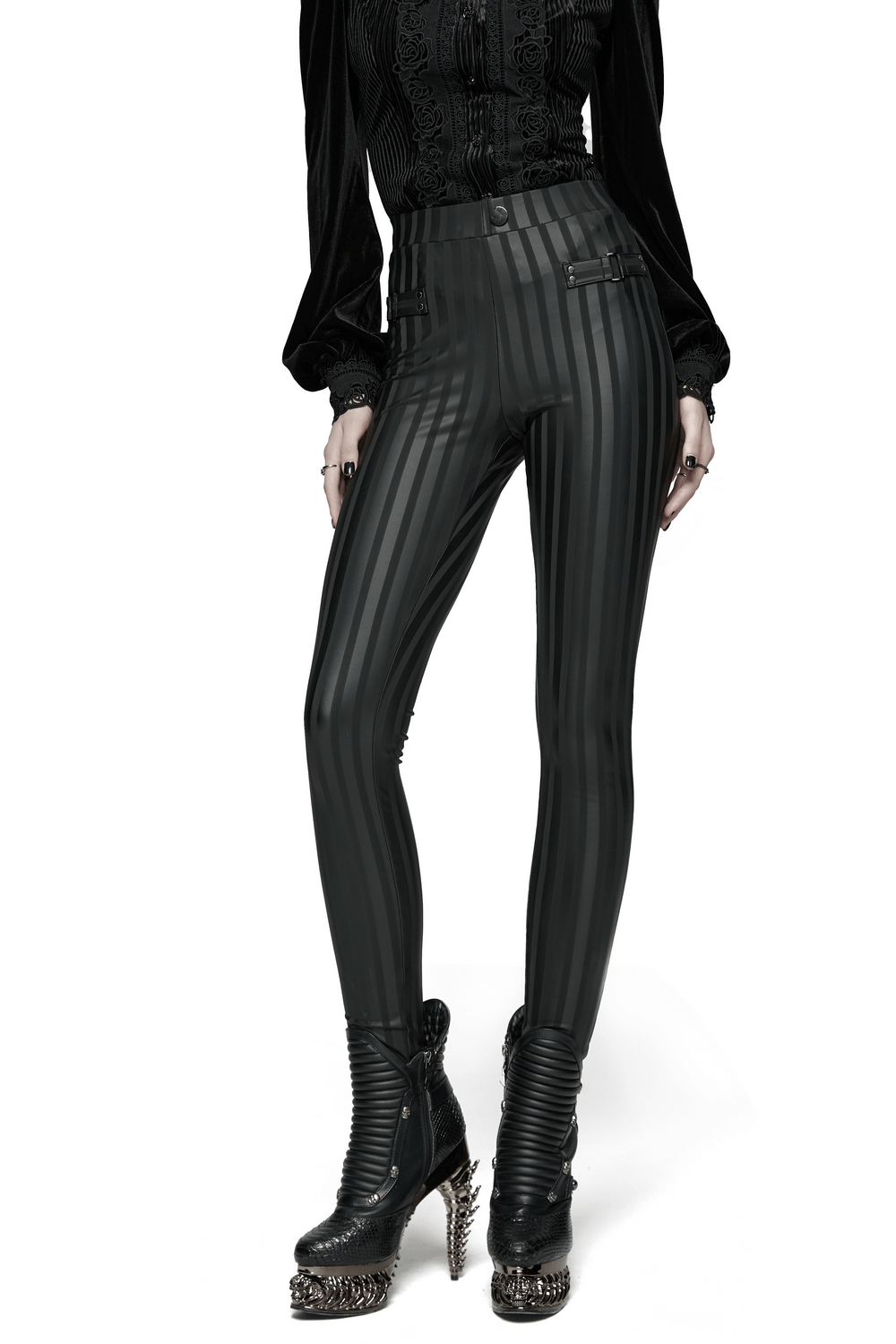 Women's Striped Leggings with Buckle Straps and Pockets in a sleek, gothic style with edgy buckle details.