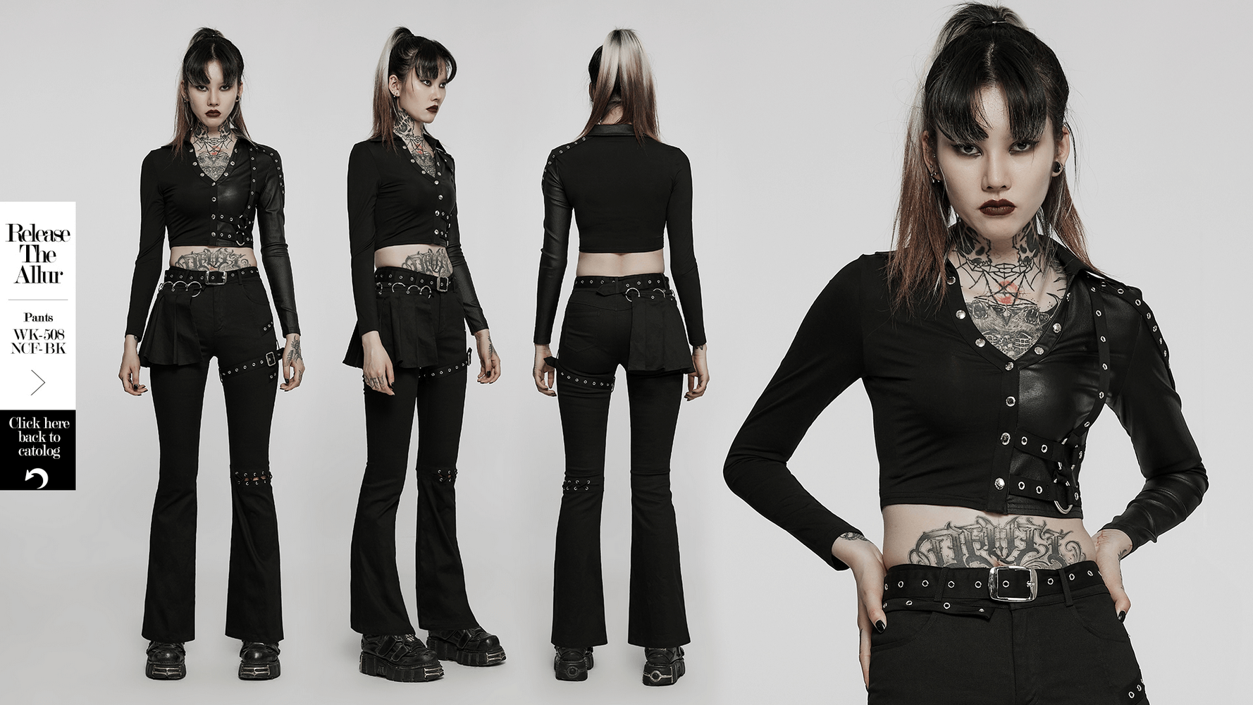 Stylish model showcasing a black cropped long-sleeve top with button accents and edgy accessories in a modern setting.