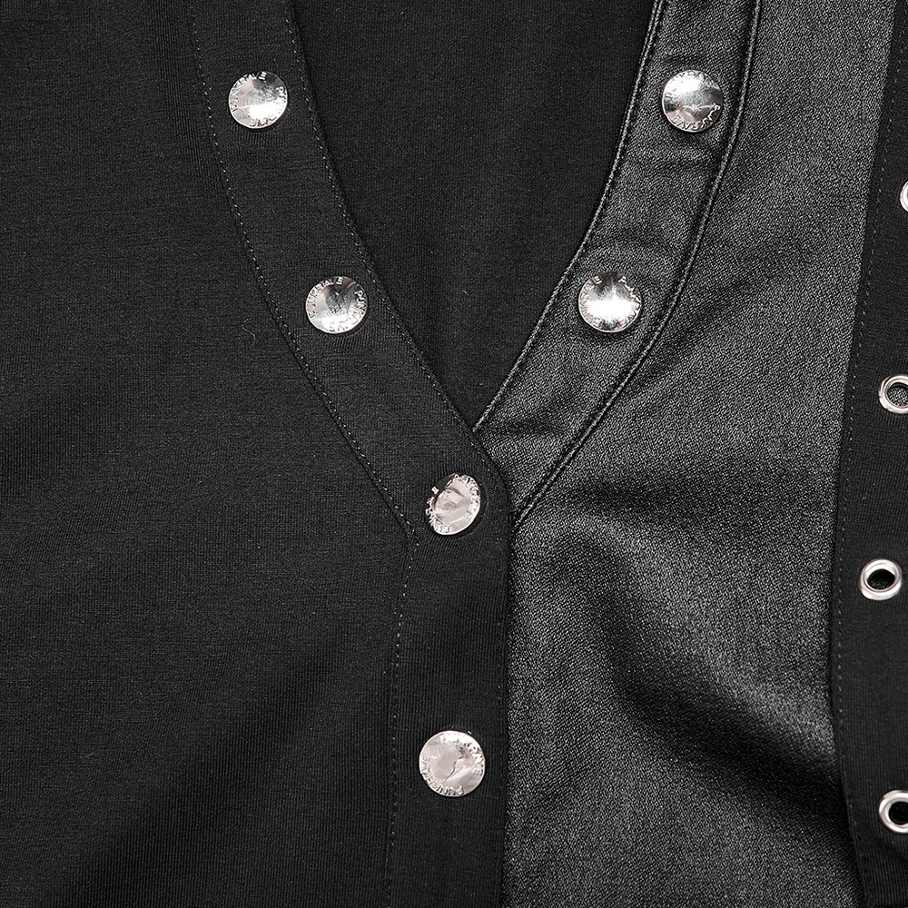 Close-up of Women's Studded Accent Double Layer Pullover Top showcasing shiny studded details against a chic black fabric.