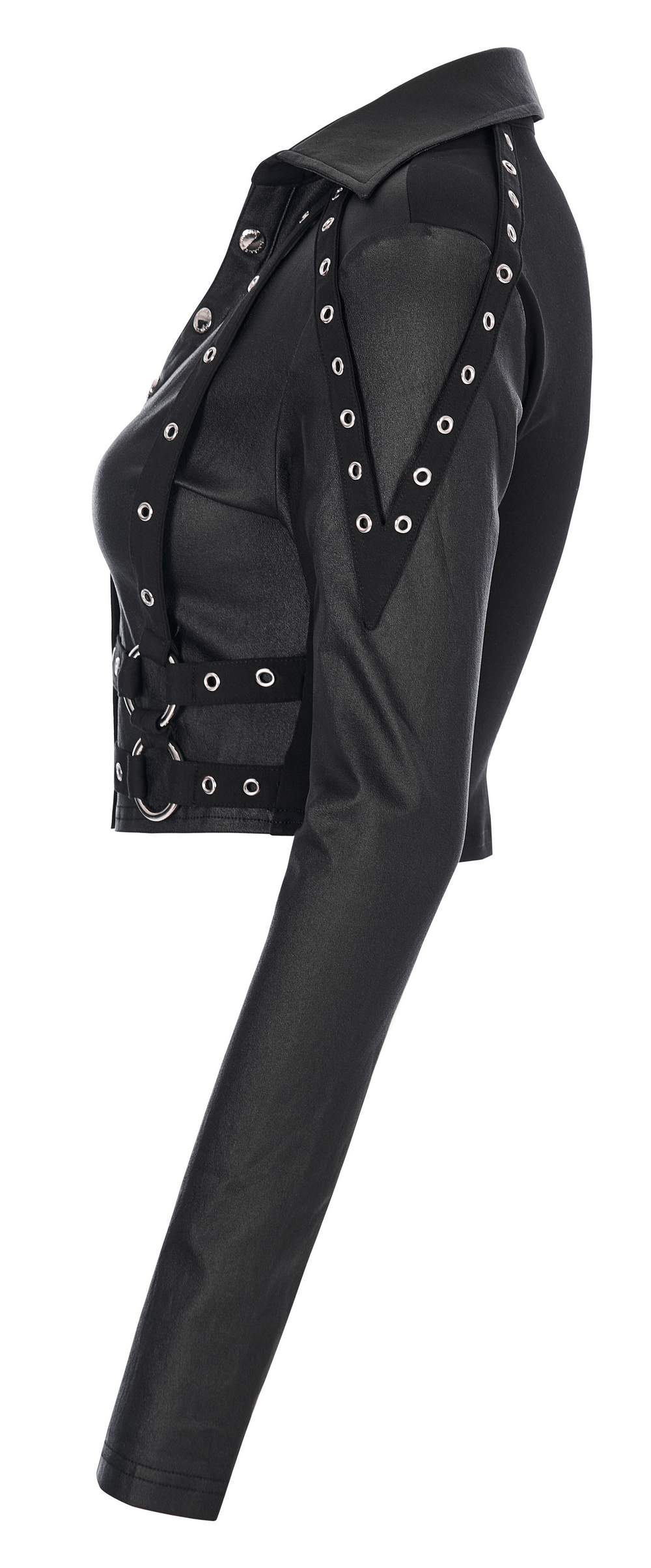 Chic black studded accent pullover top with stylish side loops and a fitted silhouette.