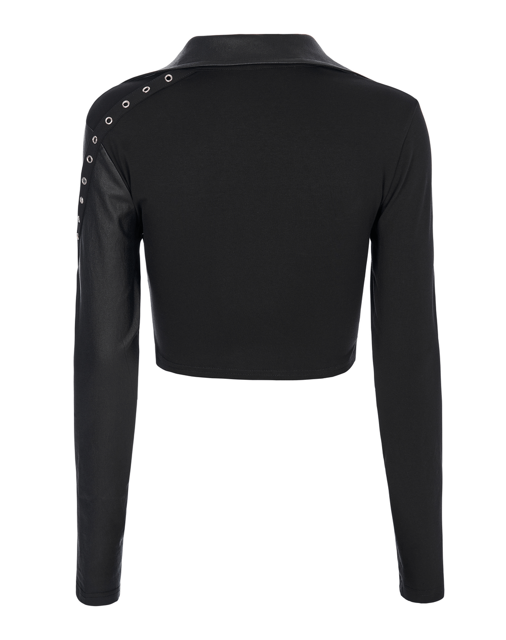 Back view of Women's Studded Accent Double Layer Pullover Top featuring decorative side loops and cropped design.