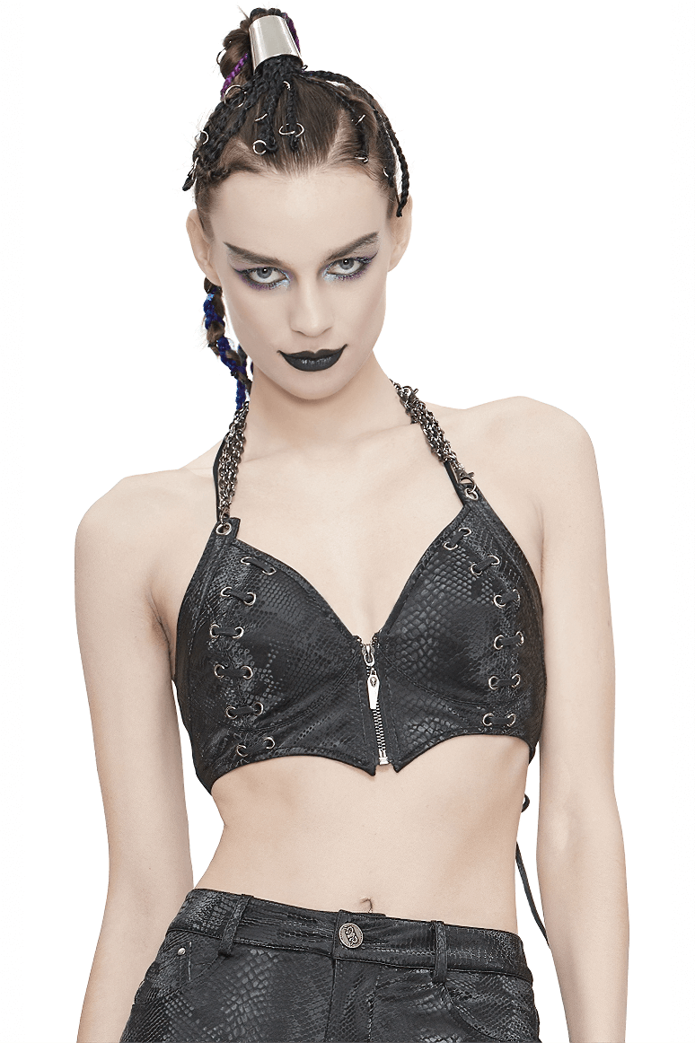 Women's Synthetic Leather Bra with Chain & Silver Rivets / Female Intimates Clothing in Punk Style - HARD'N'HEAVY