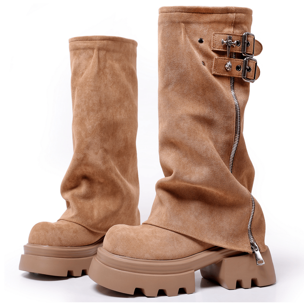 Bottes à plateforme pour femme, marron clair, avec boucle, fermeture zippée et semelle épaisse