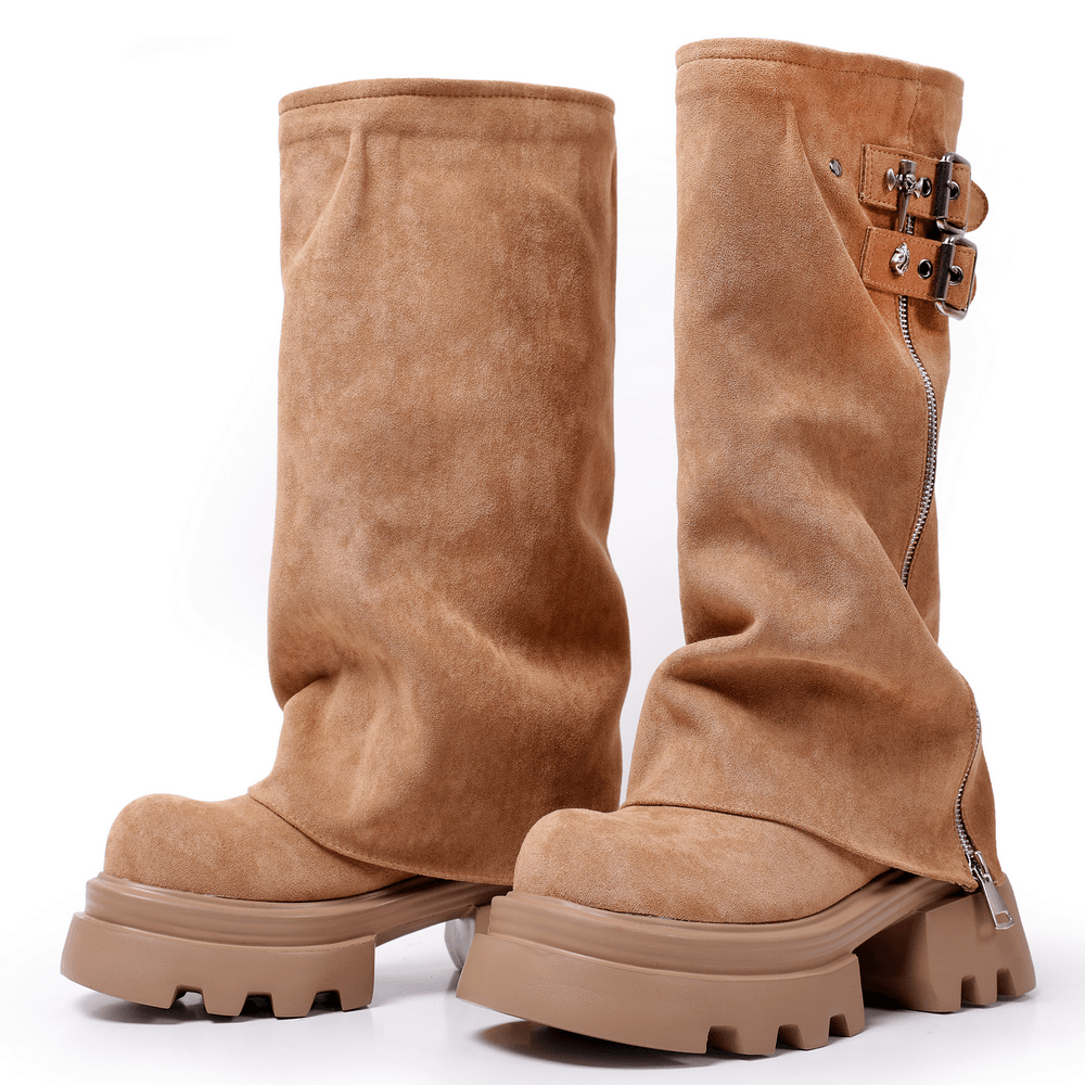 Bottes à plateforme pour femme, marron clair, avec boucle, fermeture zippée et semelle épaisse