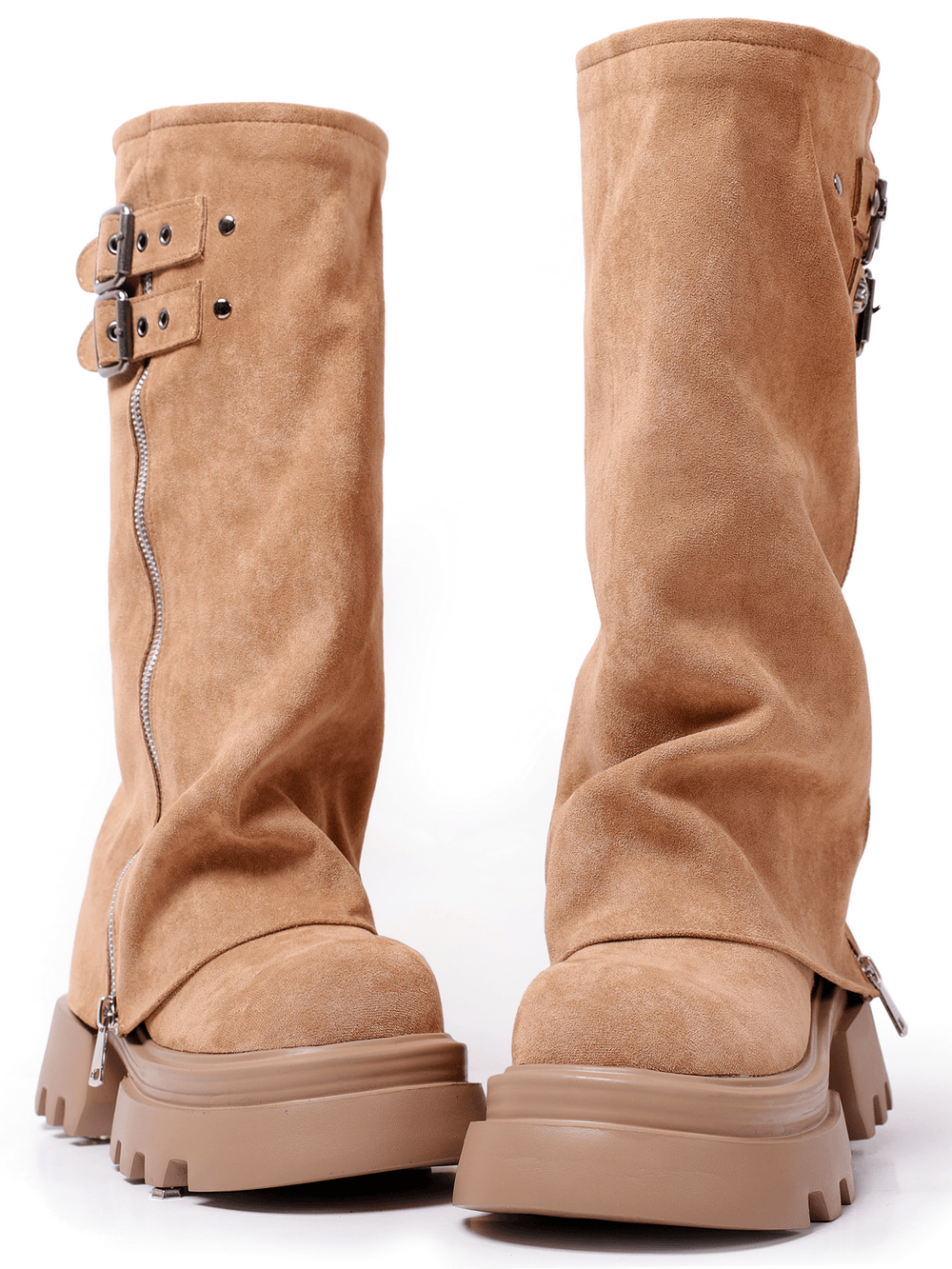 Women's Tan Buckle Zip Chunky Sole Platform Boots with suede-look finish, dual buckles, side zippers and lug soles