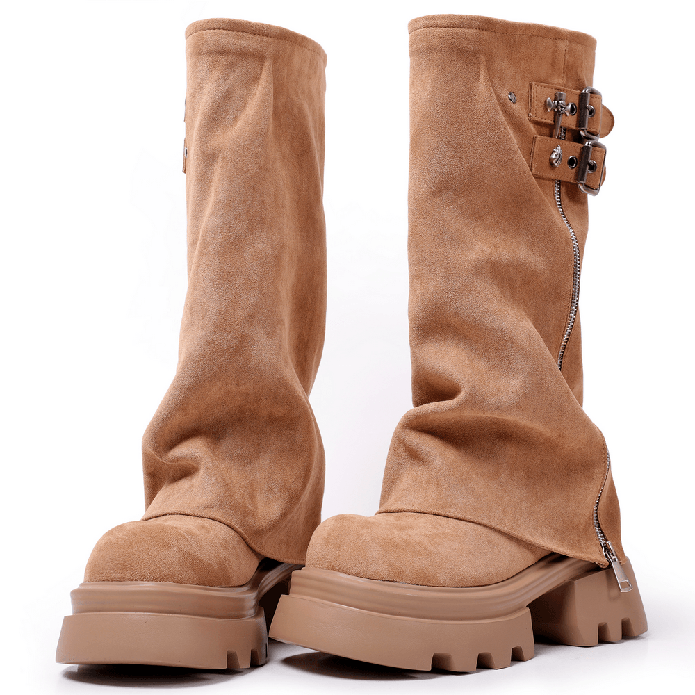 Bottes à plateforme pour femme, marron clair, avec boucle, fermeture zippée et semelle épaisse