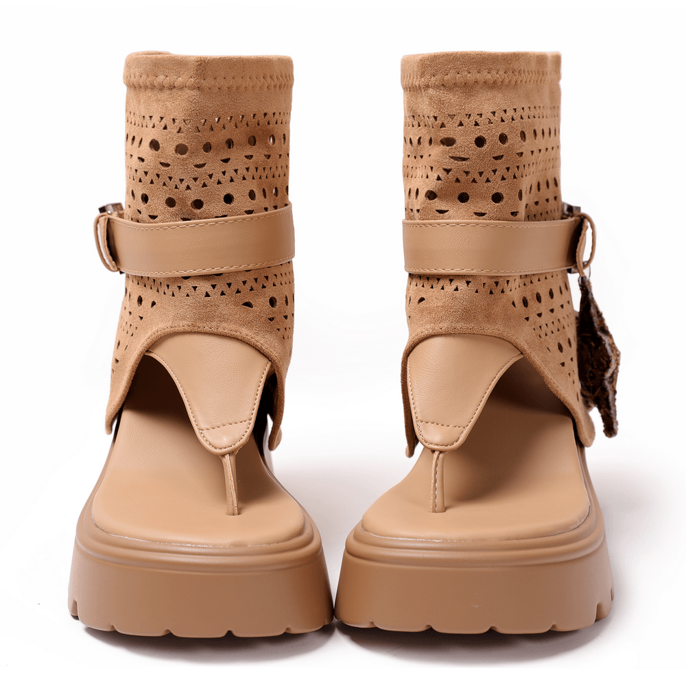 Women's Tan Suede Cutout Platform Thong Ankle Sandals