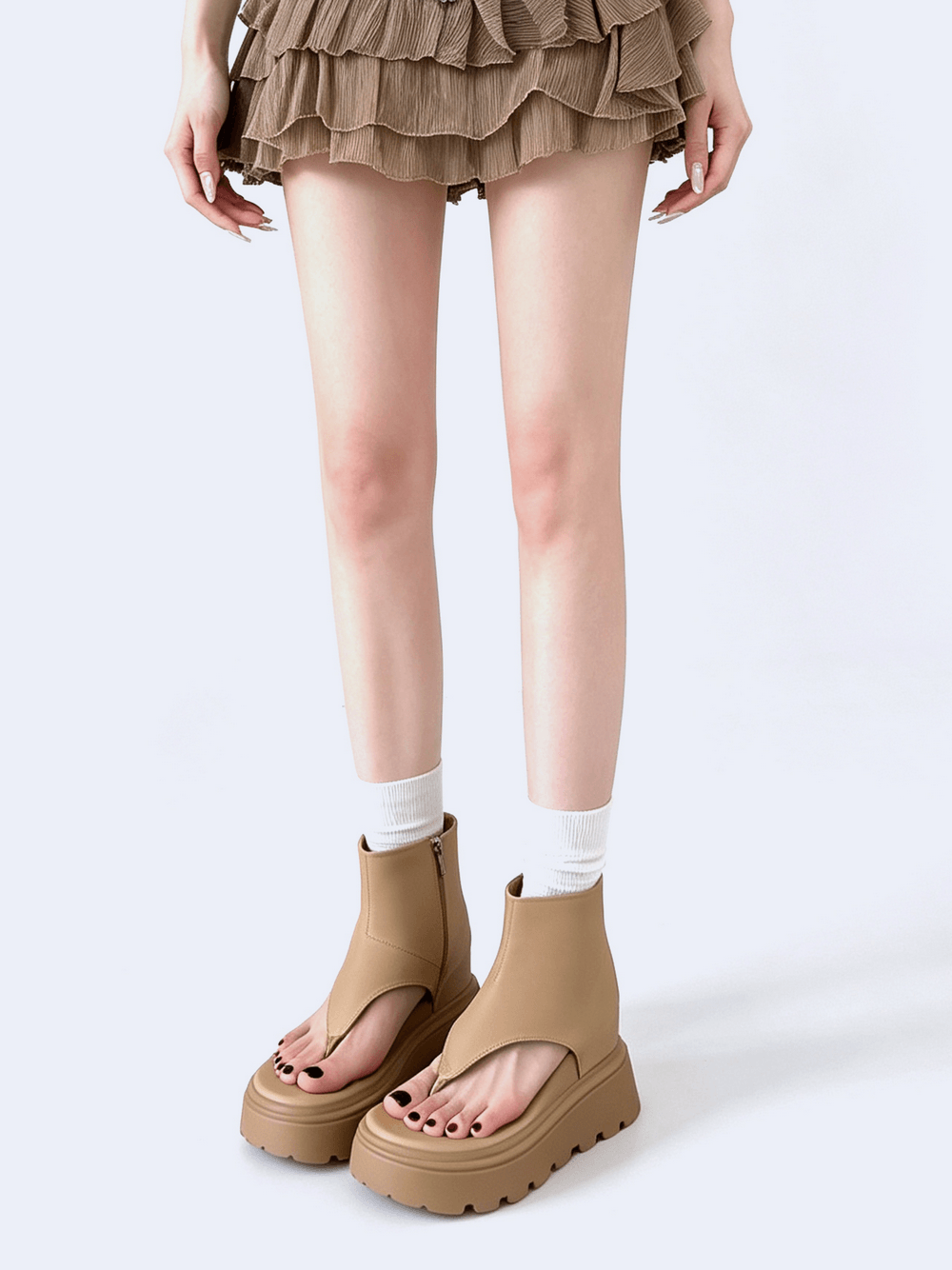 Women's Tan Suede Cutout Platform Thong Ankle Sandals