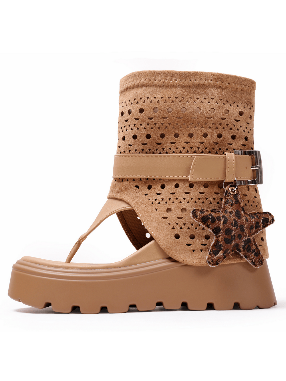 Women's Tan Suede Cutout Platform Thong Ankle Sandals