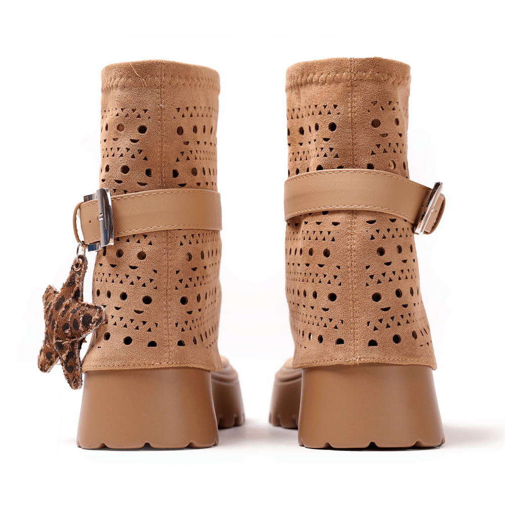 Women's Tan Suede Cutout Platform Thong Ankle Sandals